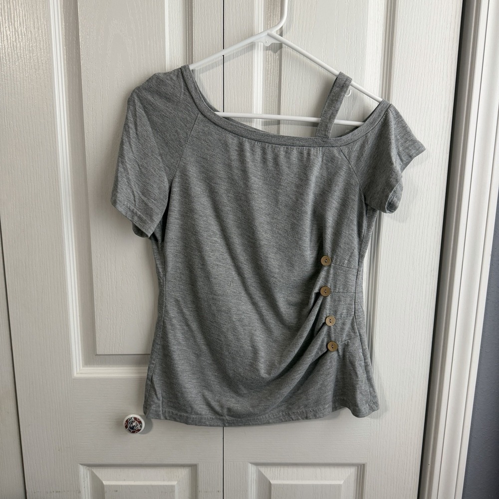 Emery Rose Gray Cold Shoulder Faux Button Sides Top Women's Size Medium Travel